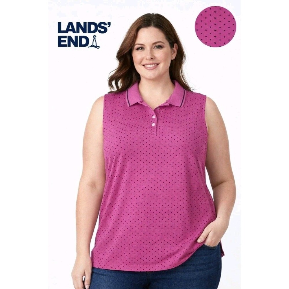 LANDS END Womens XL18 Polka Dots Sleeveless Collar 100% Cotton Top Pink Black